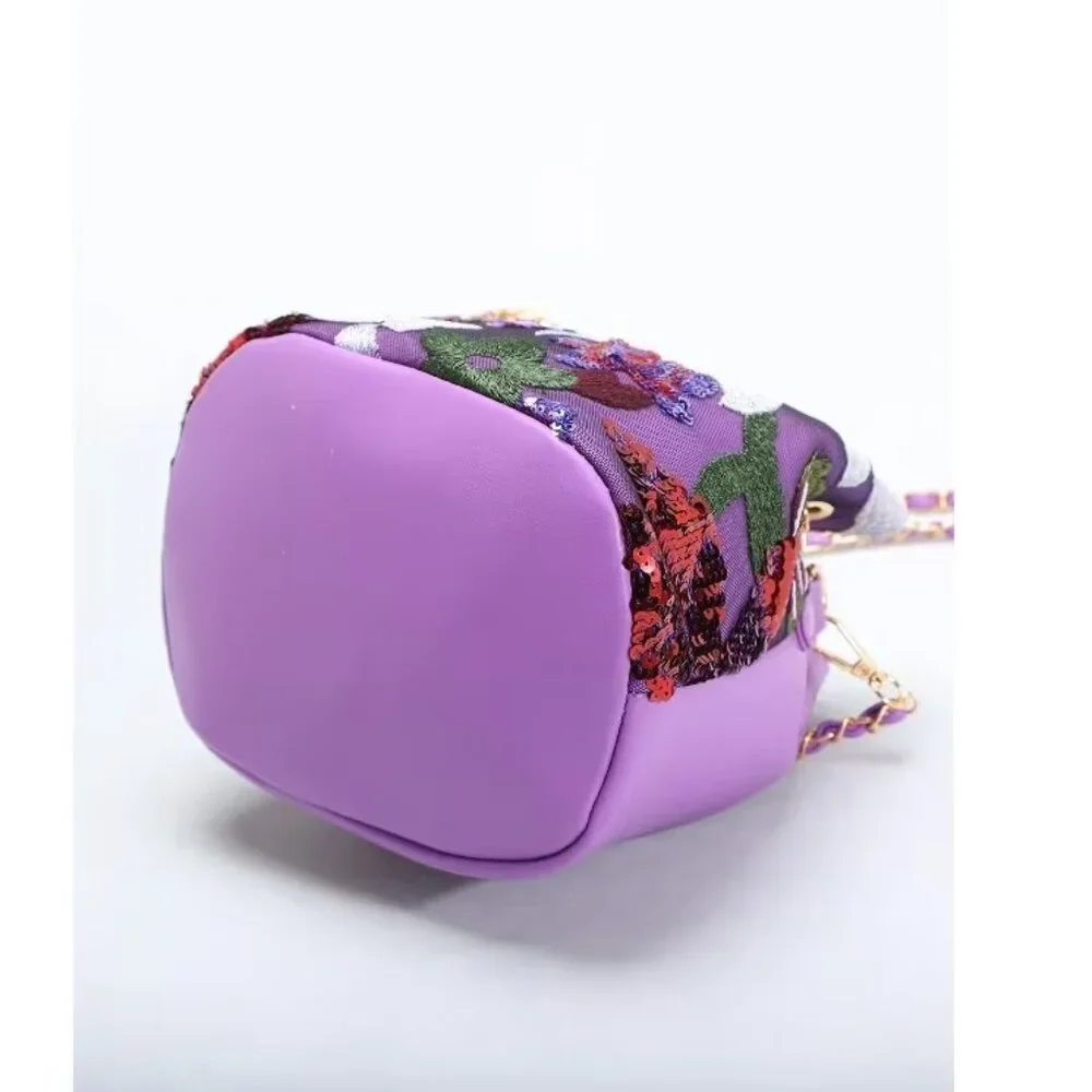 Floral Sequin Bucket Bag Gold Chain Bird Motif Crossbody - Picture 8 of 9